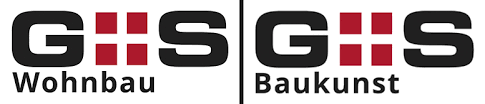 Zwei Logos nebeneinander mit den Buchstaben 'GS' in Schwarz und Rot, links mit dem Wort 'Wohnbau' und rechts mit dem Wort 'Baukunst'