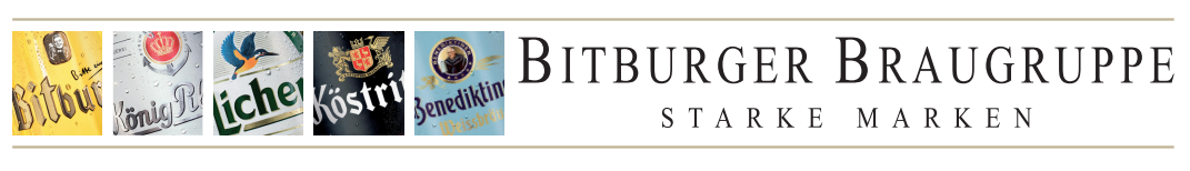 Logo-Kollektion der Bitburger Braugruppe, darunter die Marken Bitburger, König Pilsener, Licher, Köstritzer und Benediktiner, mit dem Slogan 'Starke Marken' darunter.